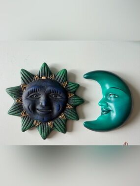 vintage celestial wall hanging set of a dark blue sun and teal crescent moon
